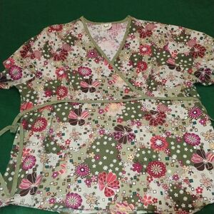 Floral Wrap Short Sleeve Top - Green and Pink